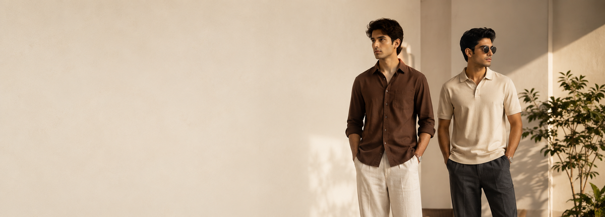 Two men standing in a minimalist, sunlit room. The man on the left wears a dark brown button-up shirt and off-white trousers, while the man on the right wears a light beige polo shirt, dark charcoal trousers, and white sneakers.